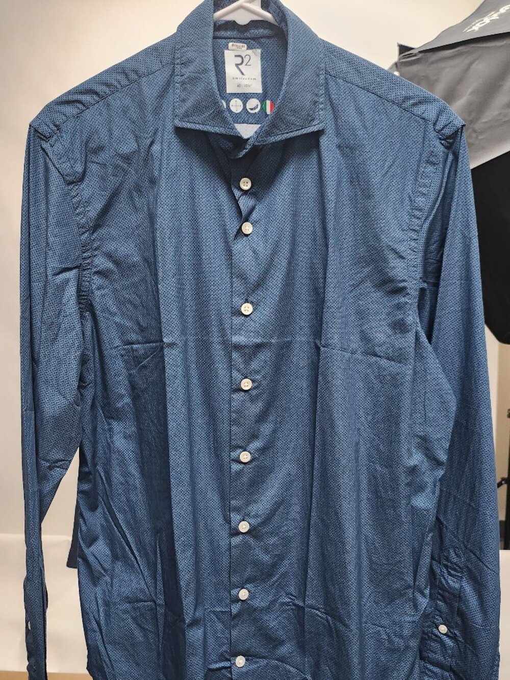 R2 Amsterdam Blue Geo Print Poplin Long Sleeve Button Up Shirt/14663